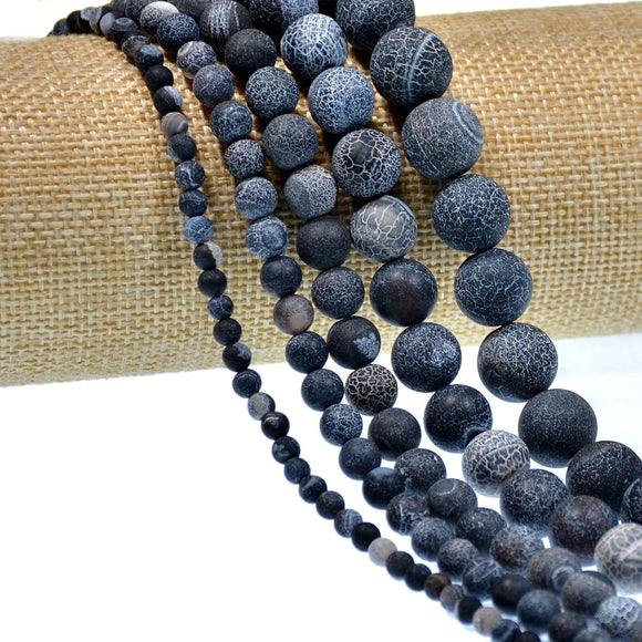 Matte Natural Black Fire Agate Gemstone Round Loose Beads on a 15.5