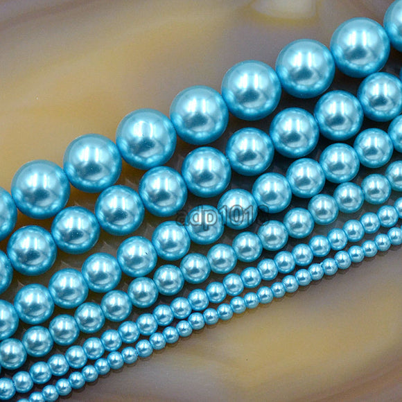 Czech Aquamarine Blue Satin Luster Glass Pearl Round Beads on a 15.5