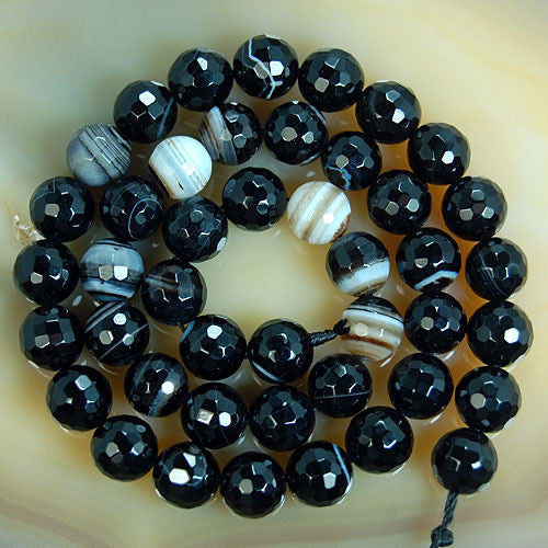 Faceted Natural Black Striated Agate Gemstone Round Loose Beads on a 15.5