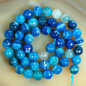 Faceted Natural Blue Striated Agate Gemstone Round Loose Beads on a 15.5" Strand