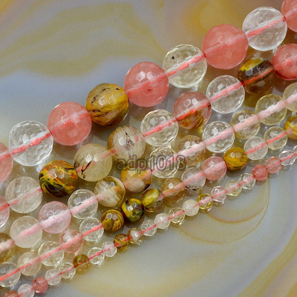 Faceted Natural Colorful Volcano Cherry Quartz Gemstone Round Loose Beads on a 15.5