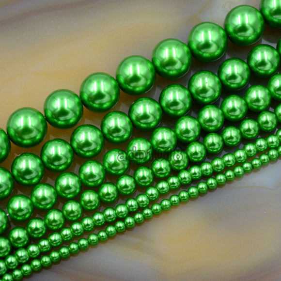 Czech Green Satin Luster Glass Pearl Round Beads on a 15.5