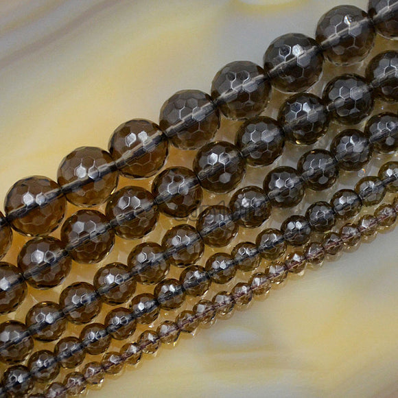 Faceted Natural Smoky Quartz Gemstone Round Loose Beads on a 15.5
