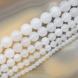 Natural White Jade Gemstone Round Loose Beads on a 15.5" Strand