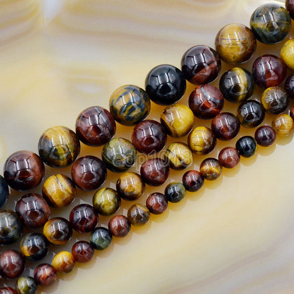 Natural Yellow Red Blue Tiger's Eye Gemstone Round Loose Beads on a 15.5