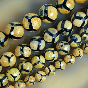 Faceted Natural Yellow Tibetan Mystical Old Agate Gemstone Round Loose Beads on a 15.5" Strand