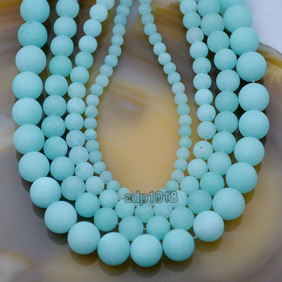 Matte Natural Aquamarine Jade Gemstone Round Loose Beads on a 15.5