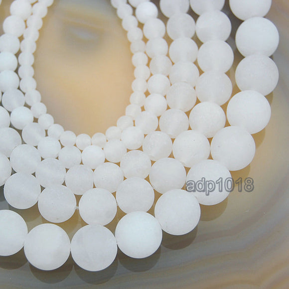 Matte Natural White Jade Gemstone Round Loose Beads on a 15.5