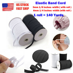 140 yards roll of Black and White 3mm (1/8") or 6mm (1/4") width Flat Braided Elastic Band for DIY Face Masks or Clothing