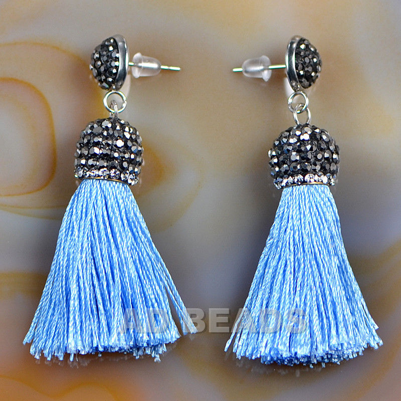 AD Beads Crystal Silk Tassel Rhinestone Earrings Or Pendant - 80mm Length, 10mm Cap, 25 Color Options (Style 1 Pink) - View #9