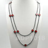 Faceted 3mm Hematite Round beads Coral & Turquoise Rhinestone Necklace 35"
