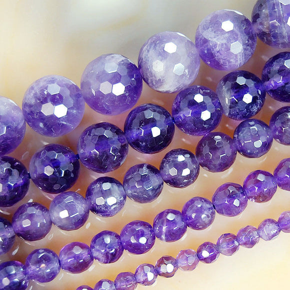 Faceted Natural Amethyst Gemstone Round Loose Beads on a 15.5