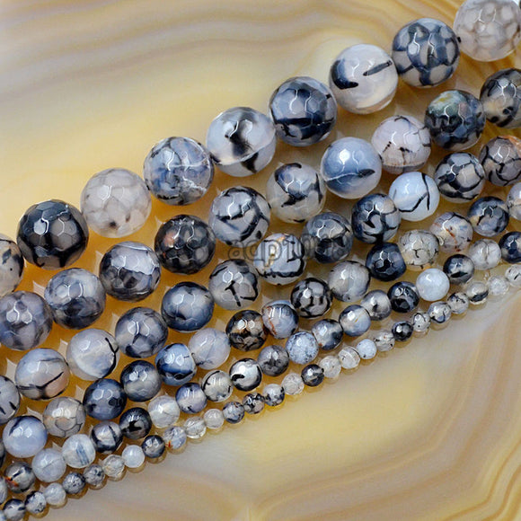 Faceted Natural Black Fire Agate Gemstone Round Loose Beads on a 15.5
