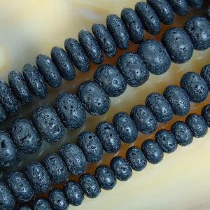 Natural Black Volcanic Lava Stone Rondelle Loose Beads on a 15.5" Strand