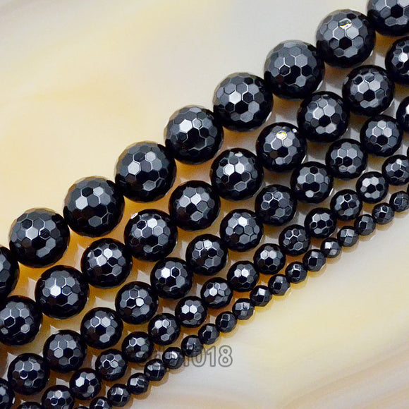 Faceted Natural Black Onyx Gemstone Round Loose Beads on a 15.5