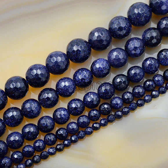 Faceted Natural Blue Sandstone Gemstone Round Loose Beads on a 15.5