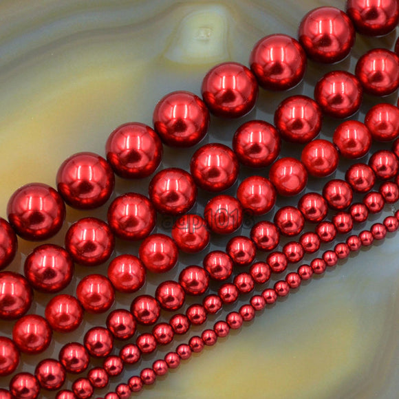 Czech Bordeaux Red Satin Luster Glass Pearl Round Beads on a 15.5