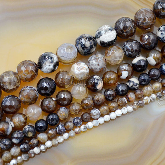 Faceted Natural Coffee Fire Agate Gemstone Round Loose Beads on a 15.5