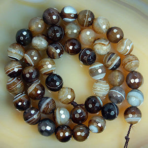 Faceted Natural Coffee Striated Agate Gemstone Round Loose Beads on a 15.5" Strand
