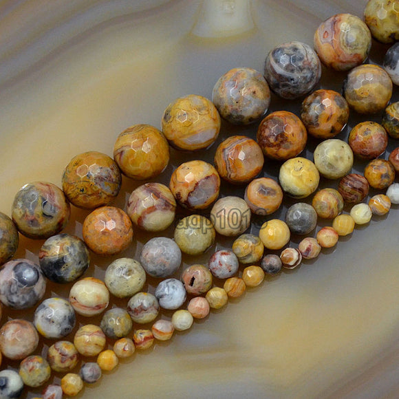 Faceted Natural Crazy Lace Agate Gemstone Round Loose Beads on a 15.5