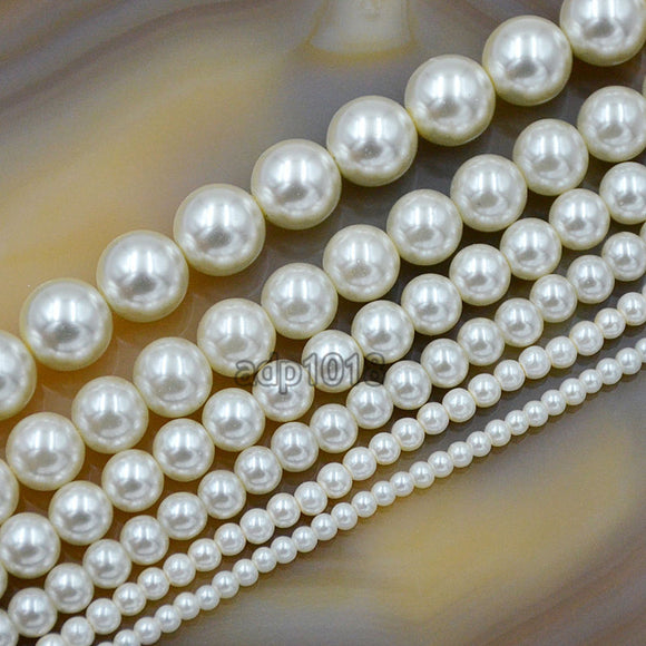 Czech Cream Satin Luster Glass Pearl Round Beads on a 15.5