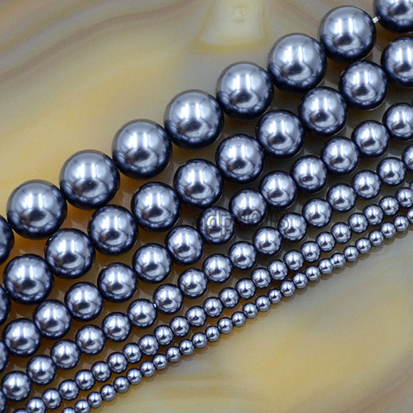Czech Dark Grey Satin Luster Glass Pearl Round Beads on a 15.5