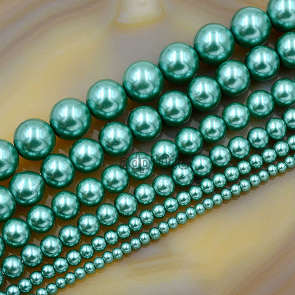 Czech Emerald Satin Luster Glass Pearl Round Beads on a 15.5
