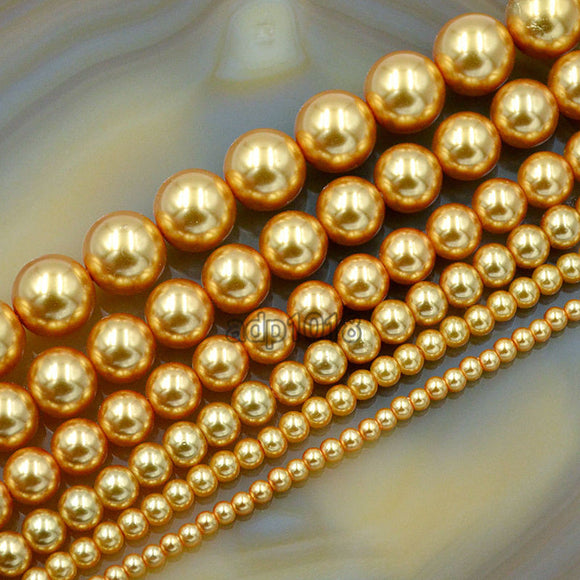 Czech Gold Satin Luster Glass Pearl Round Beads on a 15.5