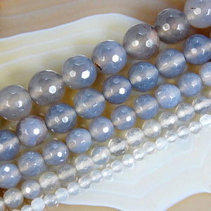 Faceted Natural Gray Agate Gemstone Round Loose Beads on a 15.5" Strand