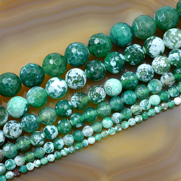 Faceted Natural Green Fire Agate Gemstone Round Loose Beads on a 15.5
