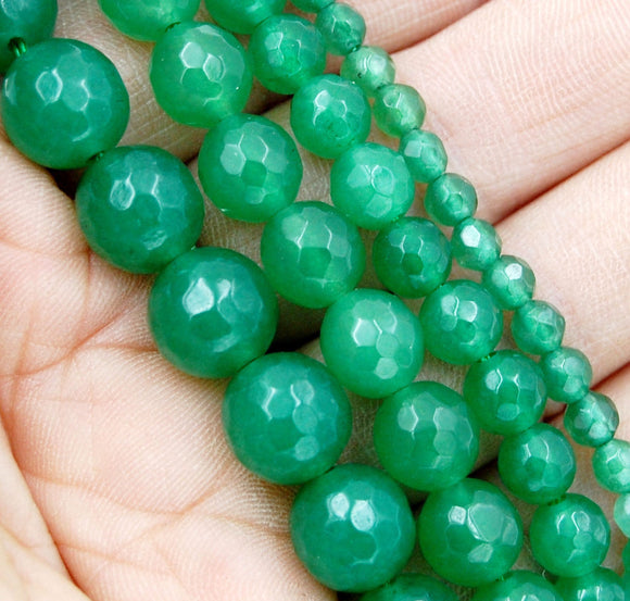 Faceted Natural Green Malay Jade Gemstone Round Loose Beads on a 15.5