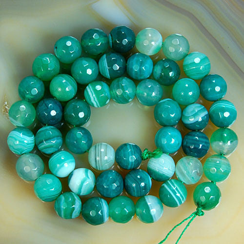 Faceted Natural Green Striated Agate Gemstone Round Loose Beads on a 15.5