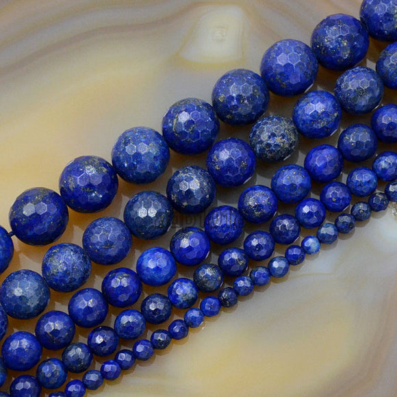 Faceted Natural Lapis Lazuli Gemstone Round Loose Beads on a 15.5
