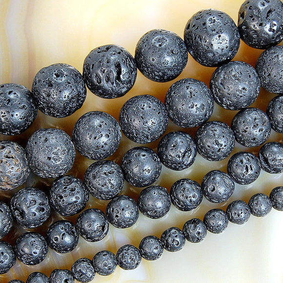 Natural Black Volcanic Lava Stone Round Loose Beads on a 15.5