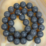 Natural Black Volcanic Lava Stone Round Loose Beads on a 15.5" Strand