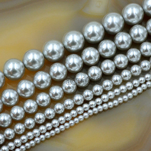 Czech Light Grey Satin Luster Glass Pearl Round Beads on a 15.5