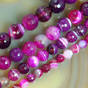 Faceted Natural Magenta Striated Agate Gemstone Round Loose Beads on a 15.5" Strand