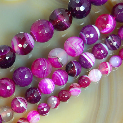 Faceted Natural Magenta Striated Agate Gemstone Round Loose Beads on a 15.5