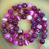 Faceted Natural Magenta Striated Agate Gemstone Round Loose Beads on a 15.5" Strand