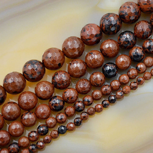 Faceted Natural Mahogany Obsidian Gemstone Round Loose Beads on a 15.5