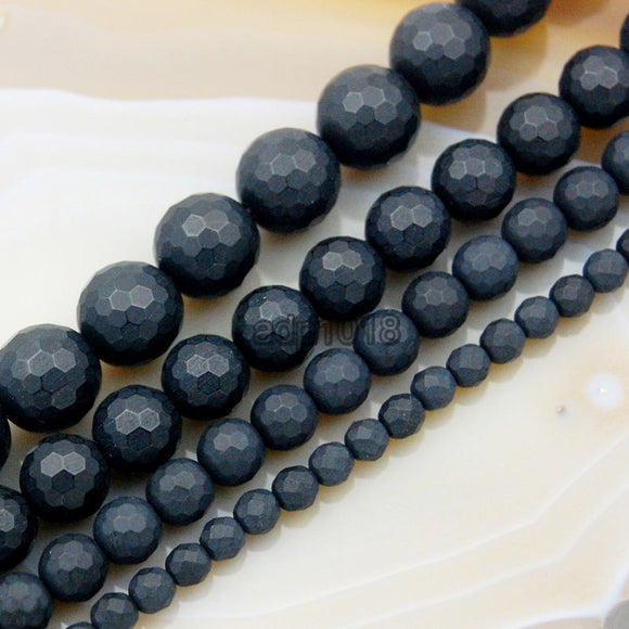 Faceted Matte Natural Black Onyx Gemstone Round Loose Beads on a 15.5
