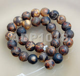 Tibetan Mystical Old Agate Matte Black & Gold Shell Design Round Gemstone Loose Beads on a 15.5" Strand