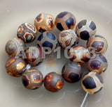 Tibetan Mystical Old Agate Matte Black & Gold Shell Design Round Gemstone Loose Beads on a 15.5" Strand
