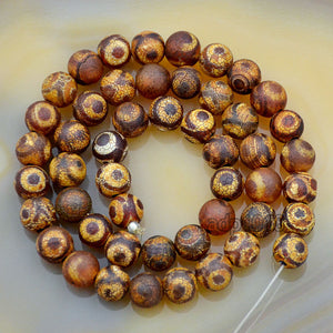 Tibetan Mystical Old Agate Matte Brown & Gold Eye Design Round Gemstone Loose Beads on a 15.5" Strand