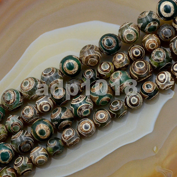 Tibetan Mystical Old Agate Green & Brown Eye Design Round Gemstone Loose Beads on a 15.5