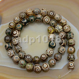 Tibetan Mystical Old Agate Green & Brown Eye Design Round Gemstone Loose Beads on a 15.5" Strand