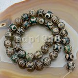 Tibetan Mystical Old Agate Green & Brown Eye Design Round Gemstone Loose Beads on a 15.5" Strand