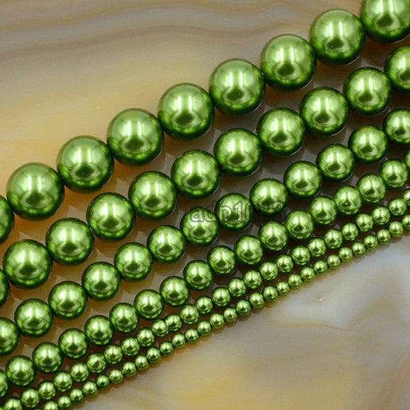Czech Olive Green Satin Luster Glass Pearl Round Beads on a 15.5