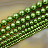 Czech Olive Green Satin Luster Glass Pearl Round Beads on a 15.5" Strand