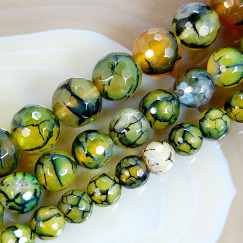 Faceted Natural Olive Fire Agate Gemstone Round Loose Beads on a 15.5